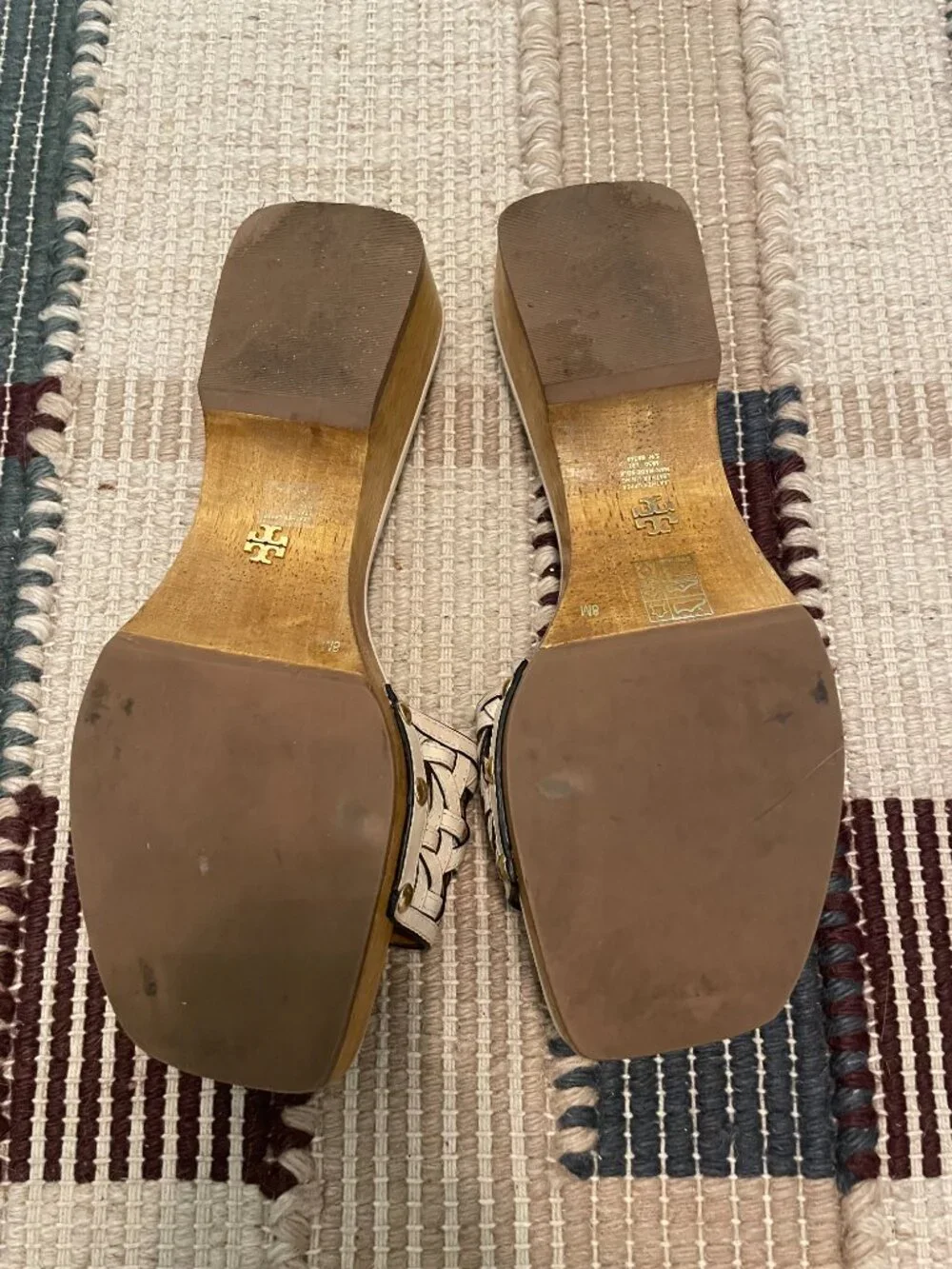 TORY BURCH Lattice Basketweave Leather Wood Sole Clog Sandals Slides \\ 8
